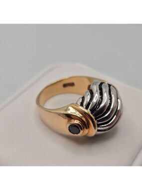 Dome Ring 18K GP Silver & Gold Tone Cabochon Size 8 Vintage Estate Statement